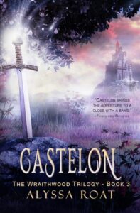 Cover of Castelon by Alyssa Roat, featuring excalibur in front of a castle with an overall purple hue